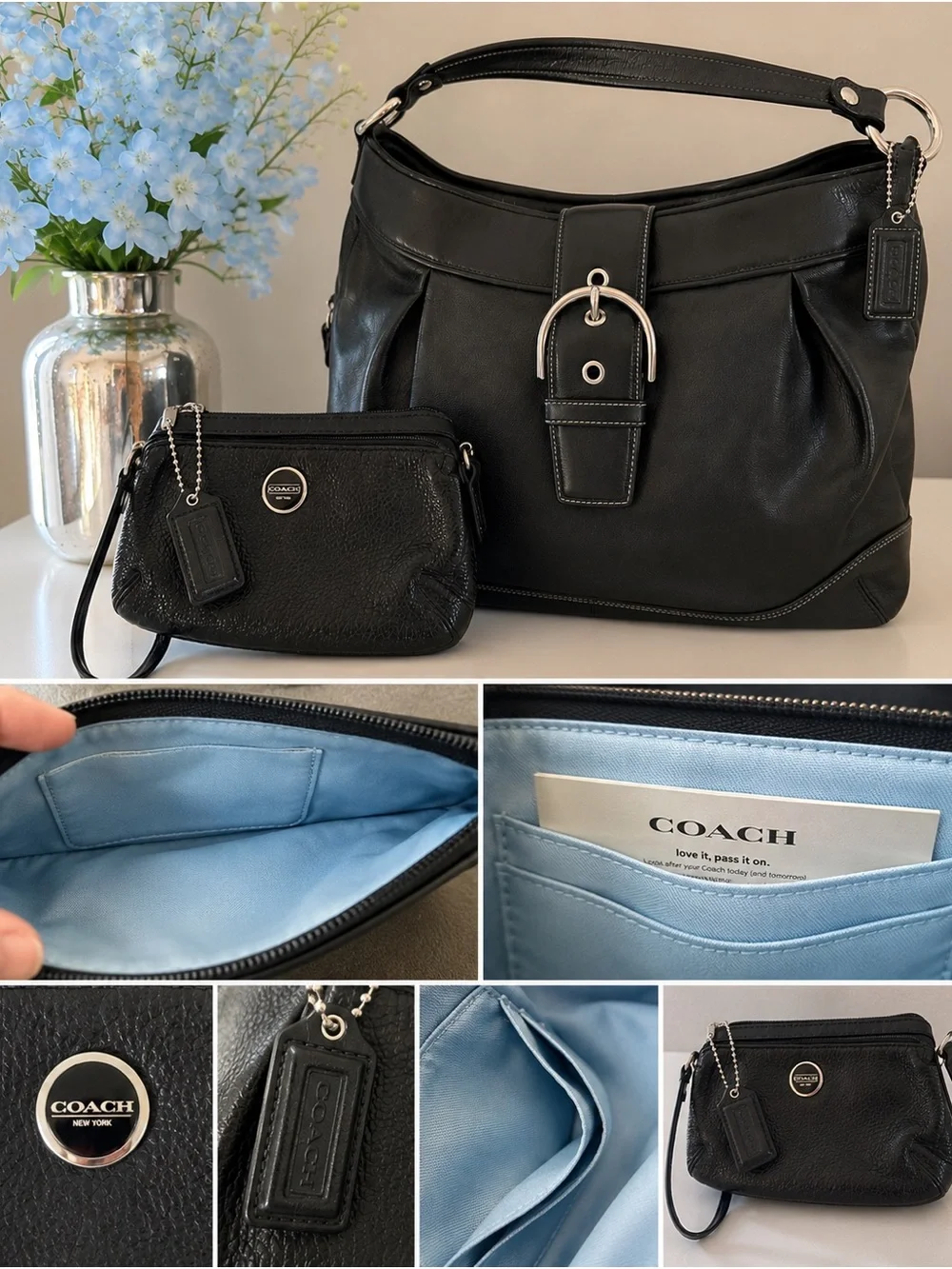 COACH Black Pebbled Leather Double Zipper Wristlet, Logo Disc, Ice Blue Lining